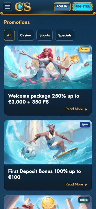 Casea Casino promotions area on a mobile phone