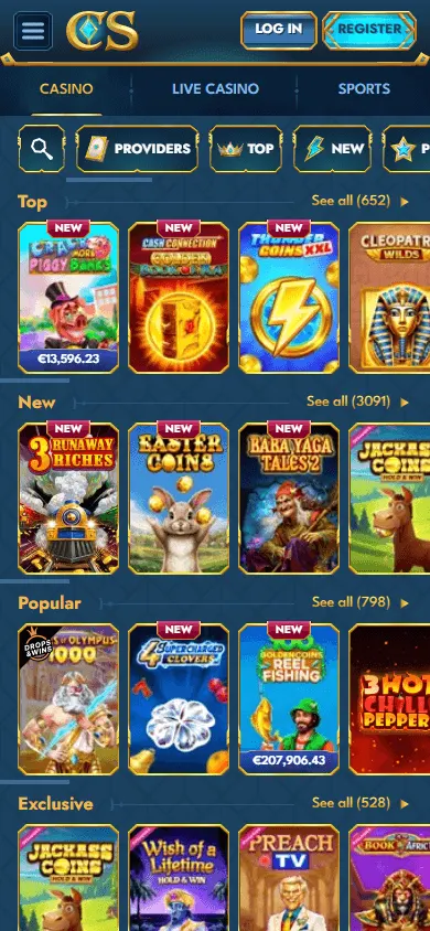 Casea Casino games area on a mobile phone