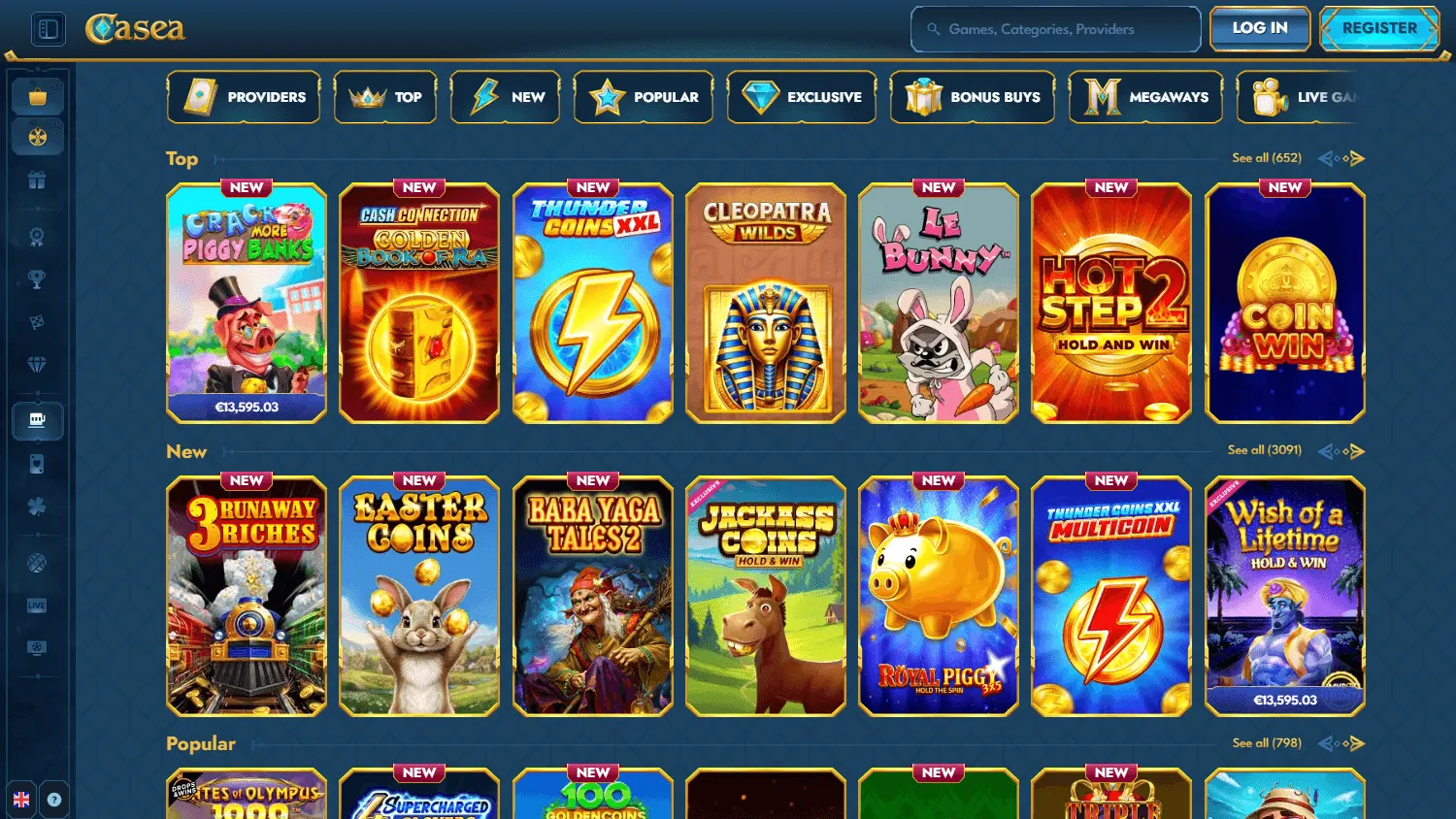 Casea Casino games area on desktop