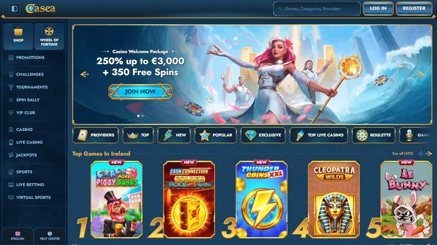 Casea Casino home page on desktop